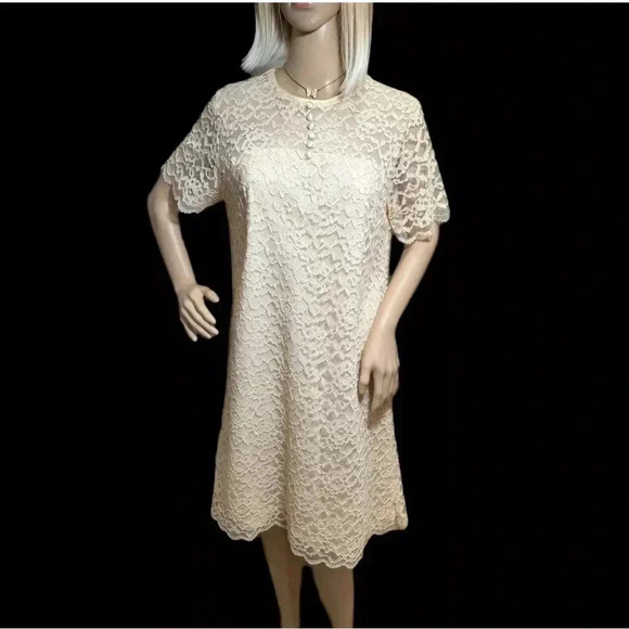 Vintage 60s Ivory Lace MOD Short Sleeve Dress Sz Small Summer Knee Length - Picture 2 of 12